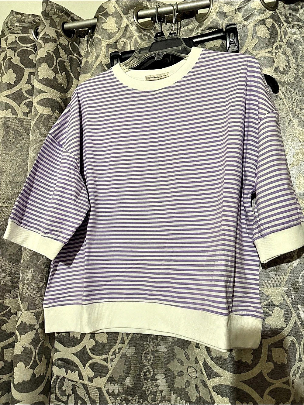 Zenana Striped Cotton Top Purple & White Large Like New
